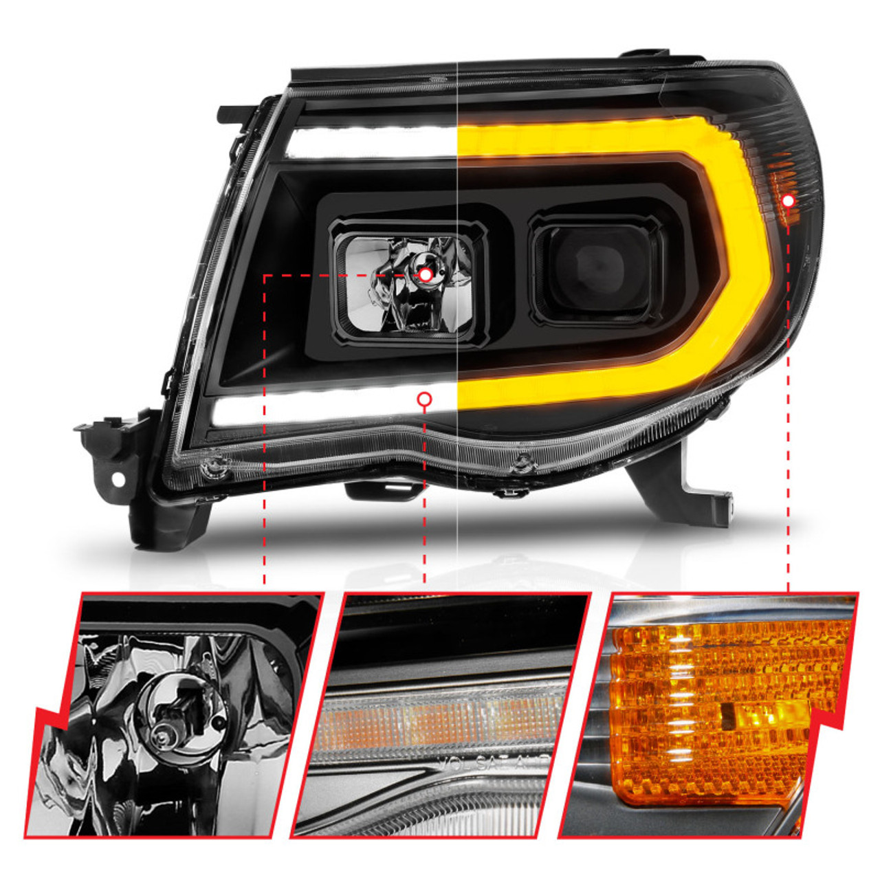ANZO 05-11 Toyota Tacoma Projector Headlights w/Light Bar Switchback Black Housing - 111564