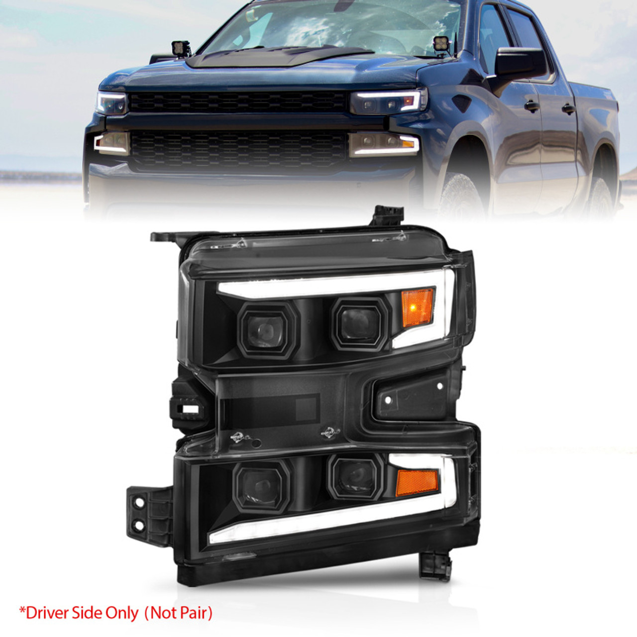 ANZO 19-22 Chevrolet Silverado 1500 LED Proj HL w/Lgt Bar SwBk Seq. Blk w/In. Light - Driver Side ON - 111566-L