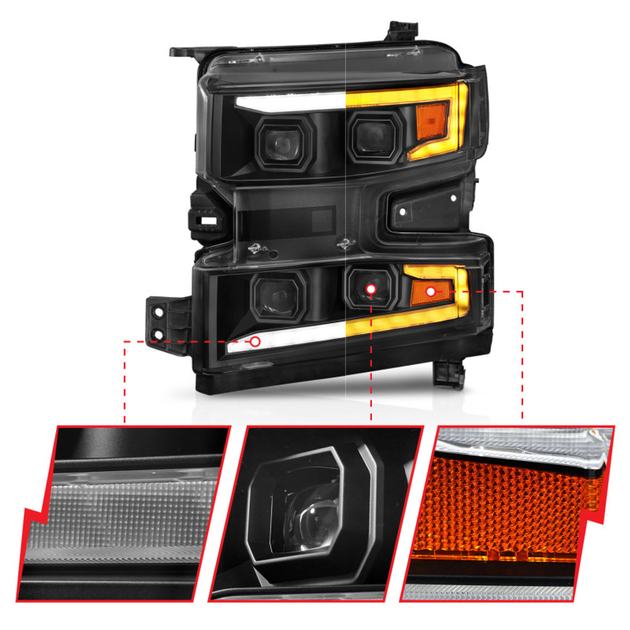 ANZO 19-22 Chevrolet Silverado 1500 LED Proj HL w/Lgt Bar SwBk Seq. Blk w/In. Light - Driver Side ON - 111566-L