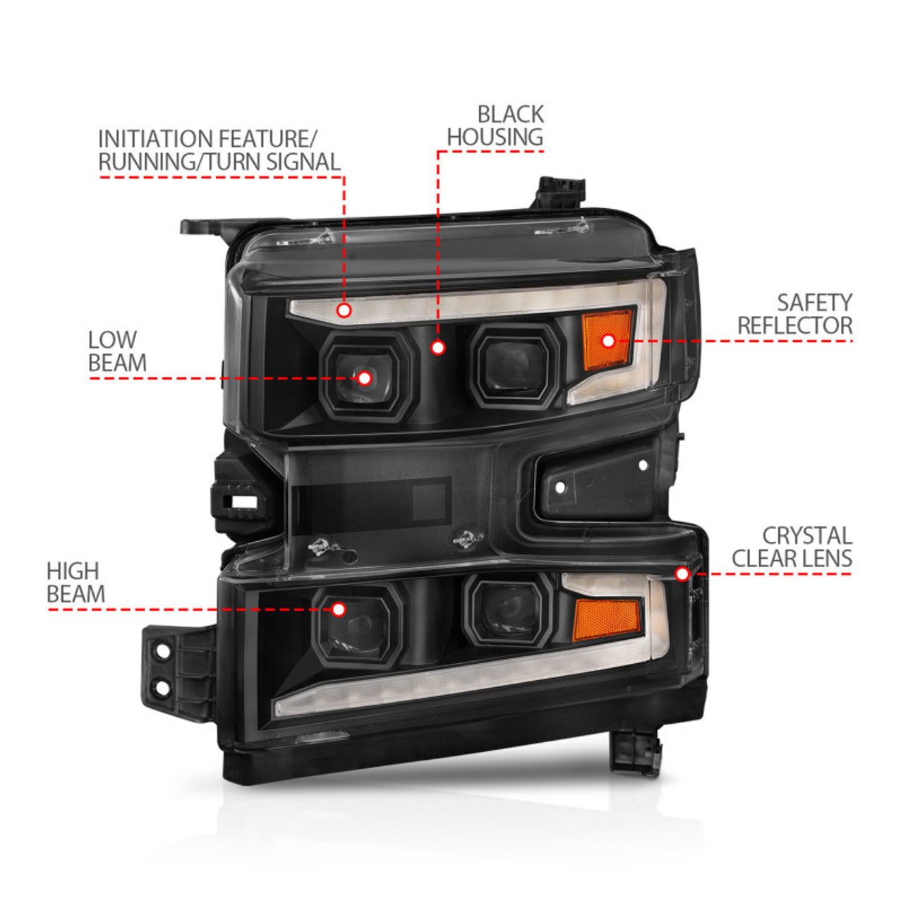 ANZO 19-22 Chevrolet Silverado 1500 LED Proj HL w/Lgt Bar SwBk Seq. Blk w/In. Light - Driver Side ON - 111566-L