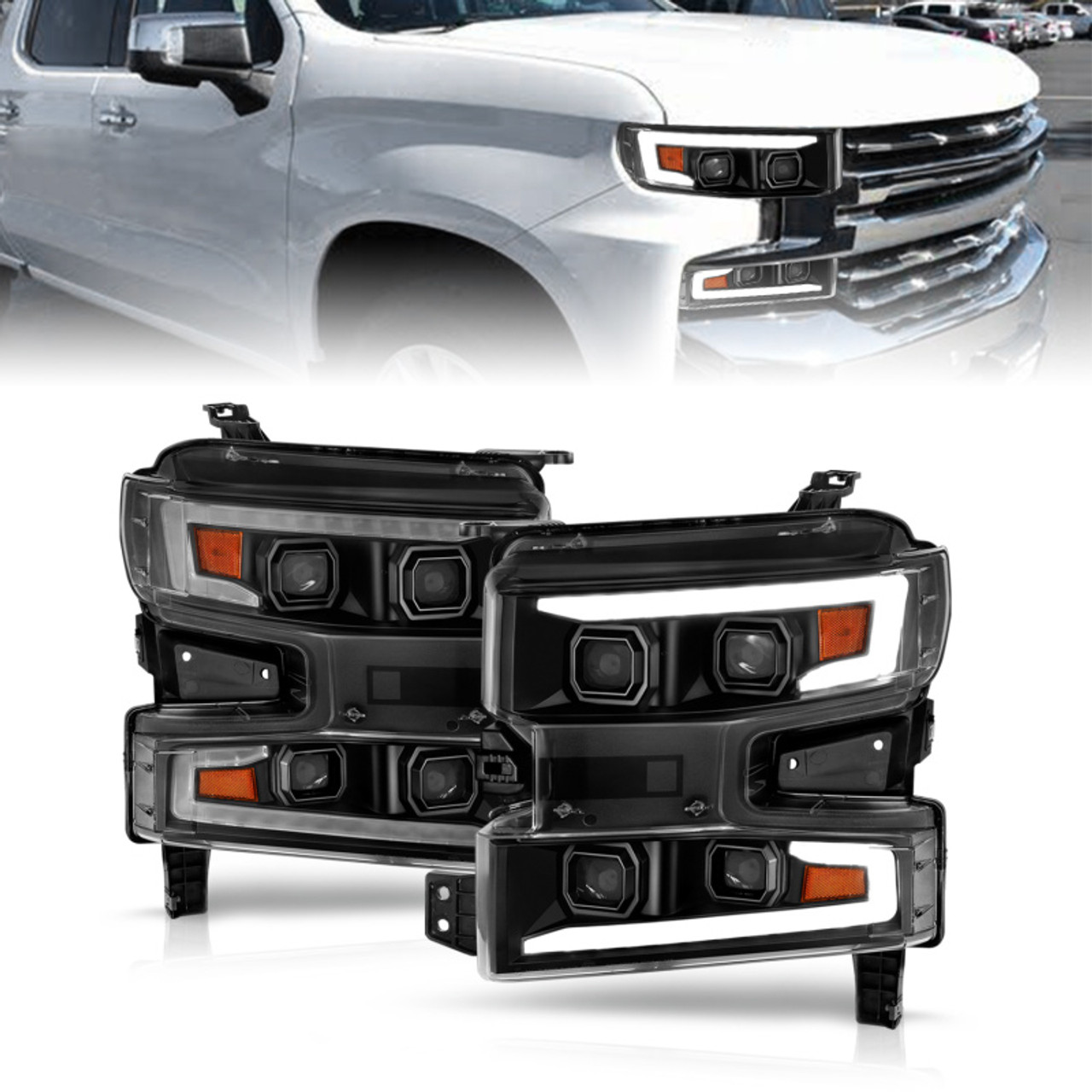ANZO 19-22 Chevrolet Silverado 1500 LED Proj HL w/Lgt Bar SwBk Seq. Blk w/In. Light - Passenger Side - 111566-R
