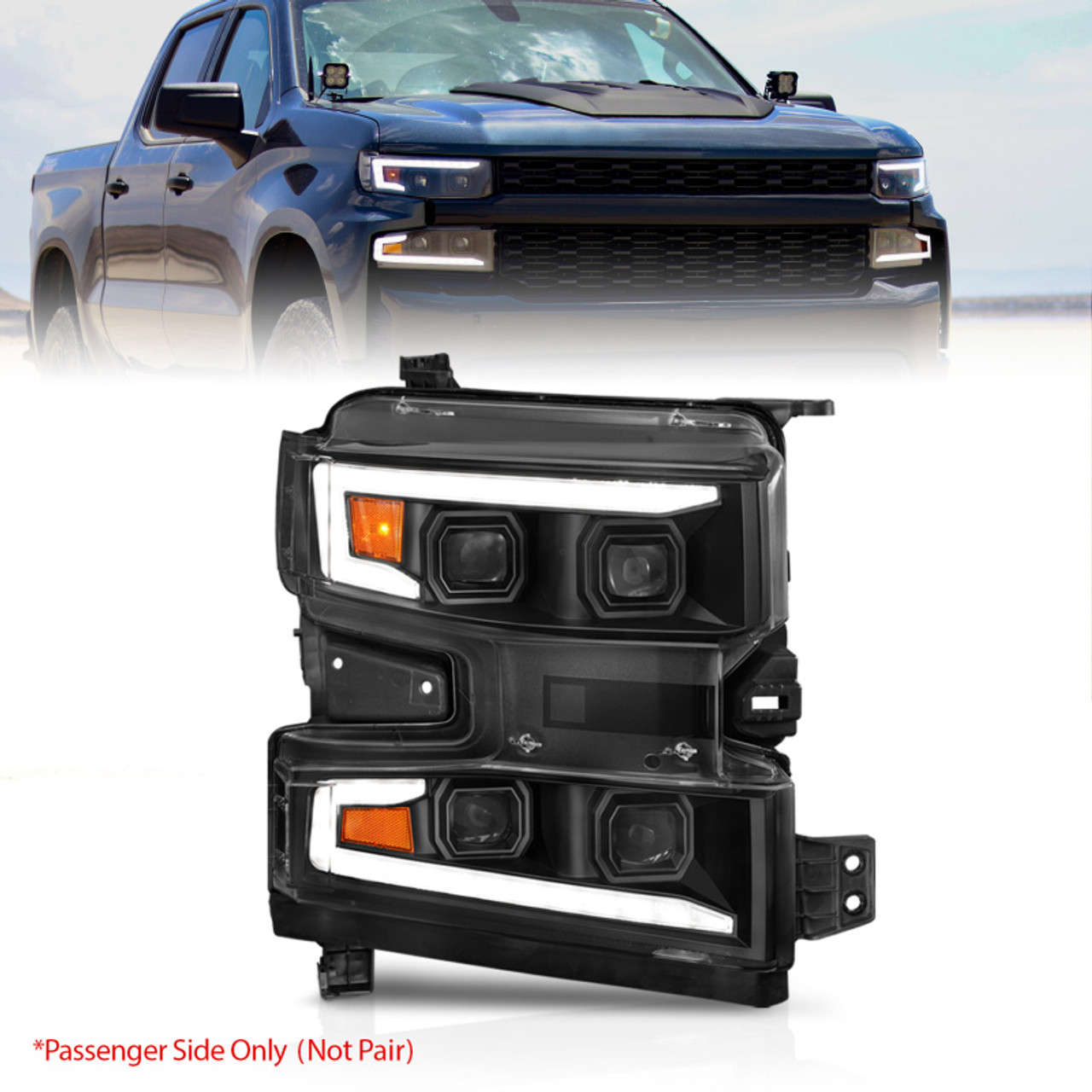 ANZO 19-22 Chevrolet Silverado 1500 LED Proj HL w/Lgt Bar SwBk Seq. Blk w/In. Light - Passenger Side - 111566-R