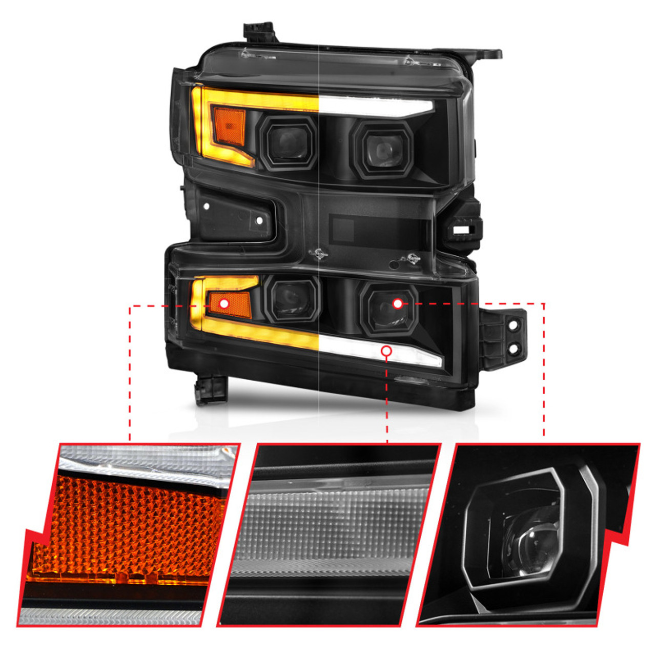 ANZO 19-22 Chevrolet Silverado 1500 LED Proj HL w/Lgt Bar SwBk Seq. Blk w/In. Light - Passenger Side - 111566-R