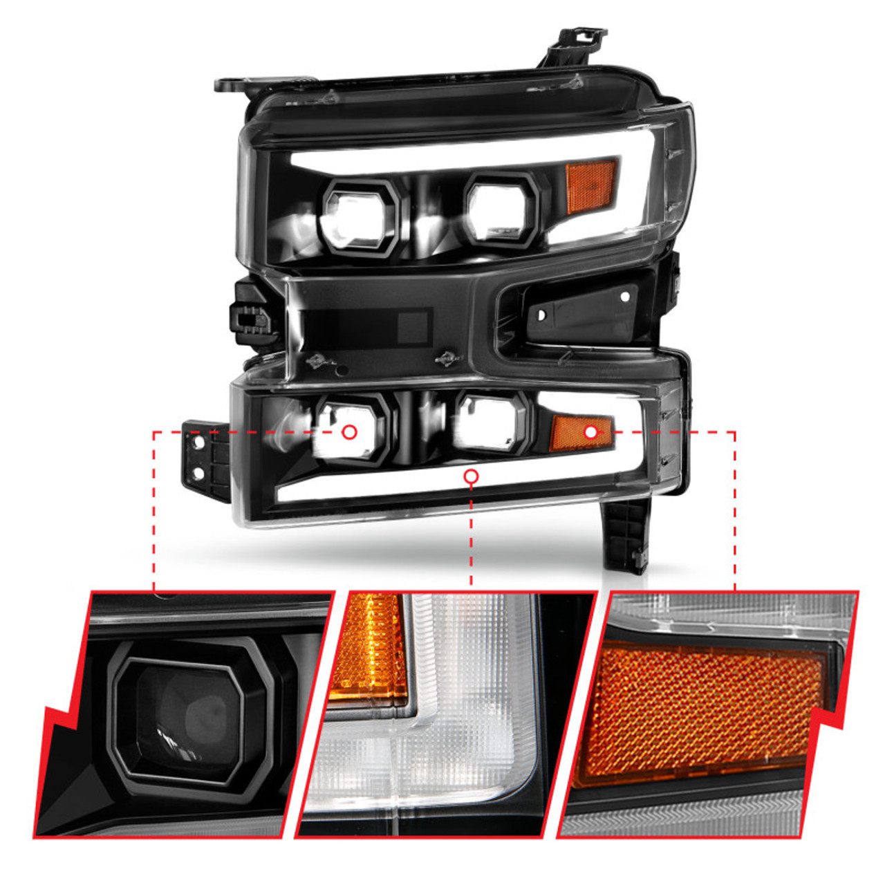 ANZO 19-22 Chevrolet Silverado 1500 LED Proj HL w/Lgt Bar SwBk Seq. Blk w/In. Light - Passenger Side - 111566-R