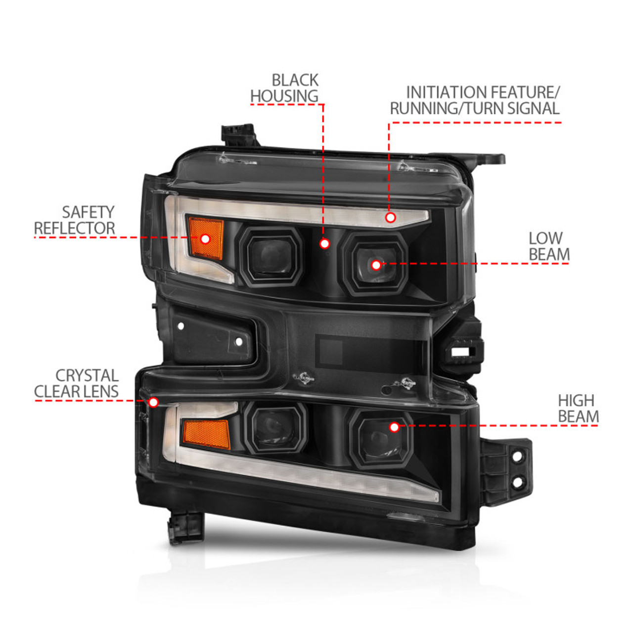 ANZO 19-22 Chevrolet Silverado 1500 LED Proj HL w/Lgt Bar SwBk Seq. Blk w/In. Light - Passenger Side - 111566-R