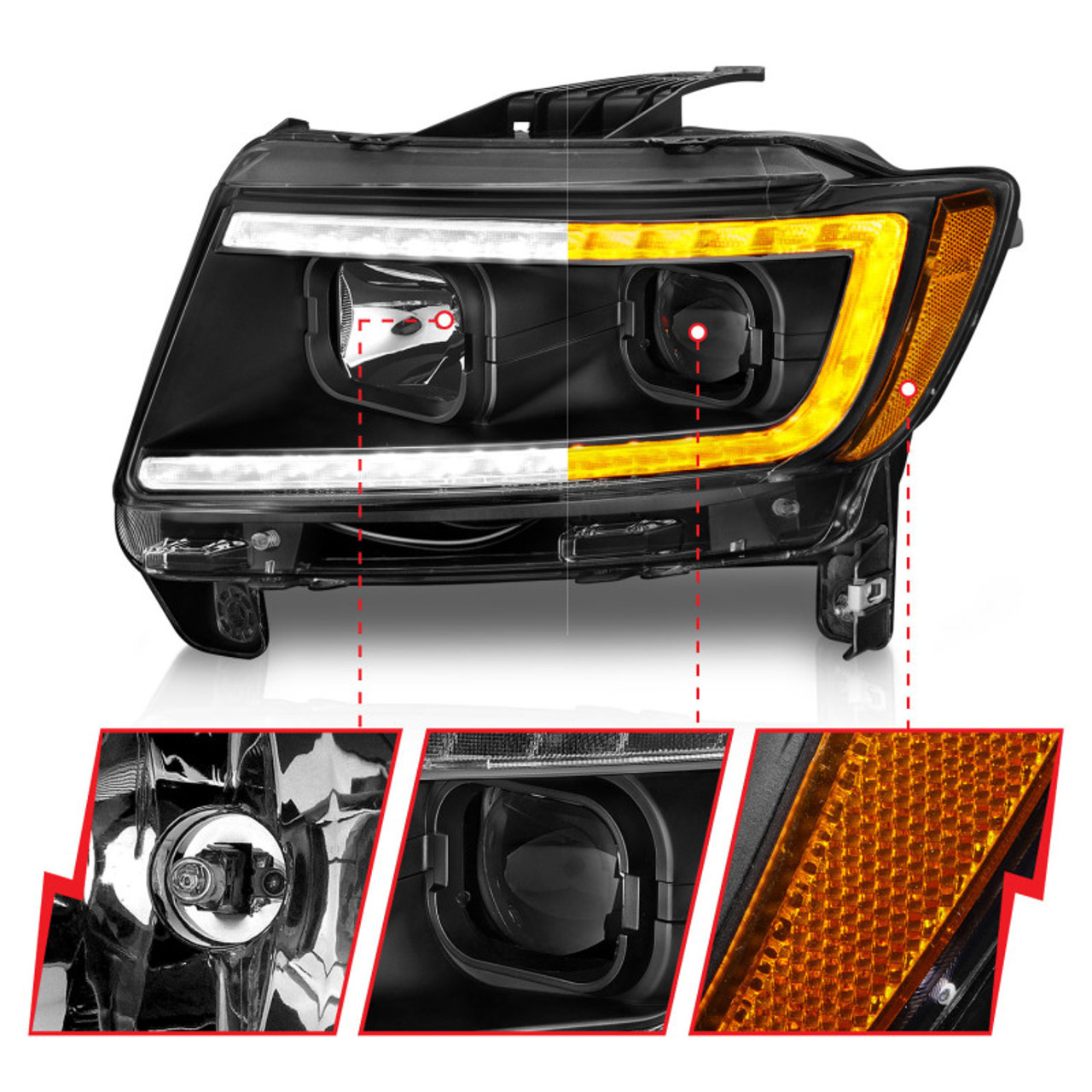 ANZO 11-13 Jeep Grand Cherokee (Factory Halogen Only) Projector Headlights w/Light Bar Swtchbk Black - 111568