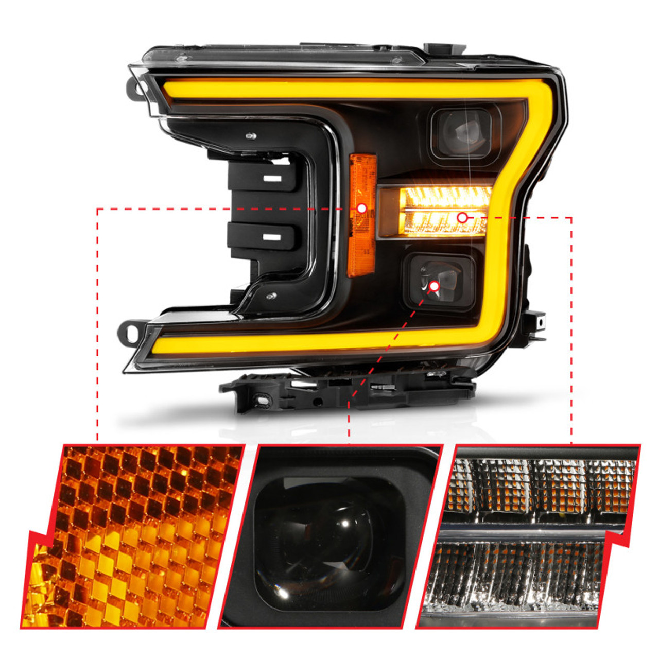ANZO 18-20 Ford F-150 (w/o Fctry LED) Full LED Proj Headlights w/Light Bar Swtchbk Seq. Black w/Init - 111570