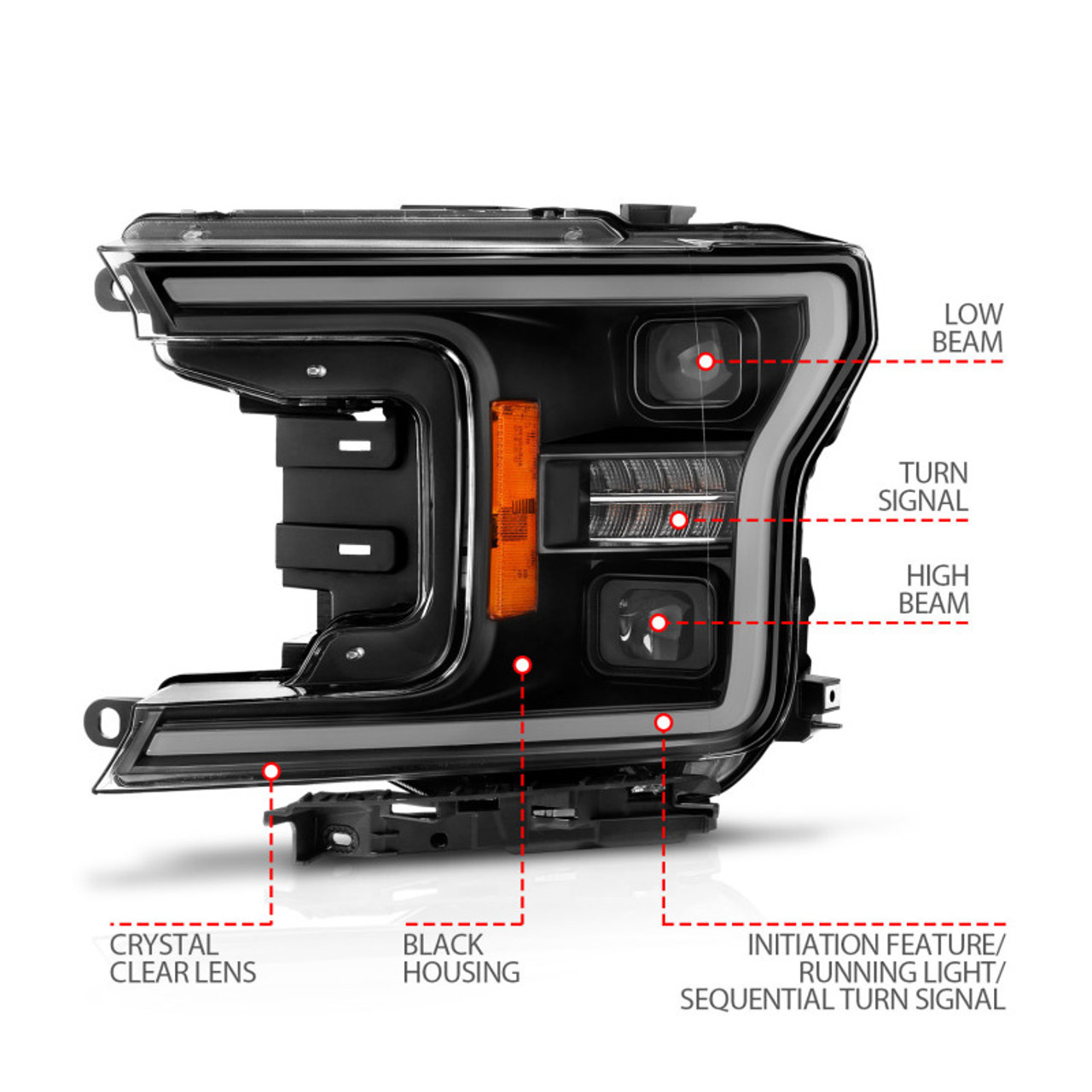 ANZO 18-20 Ford F-150 (w/o Fctry LED) Full LED Proj Headlights w/Light Bar Swtchbk Seq. Black w/Init - 111570