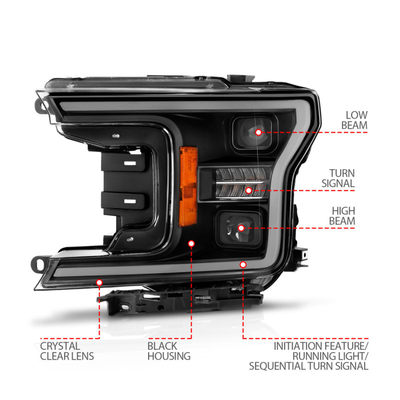 ANZO 18-20 Ford F-150 (w/o Fctry LED) Full LED Proj Headlights w/Light Bar Swtchbk Seq. Black w/Init - 111570