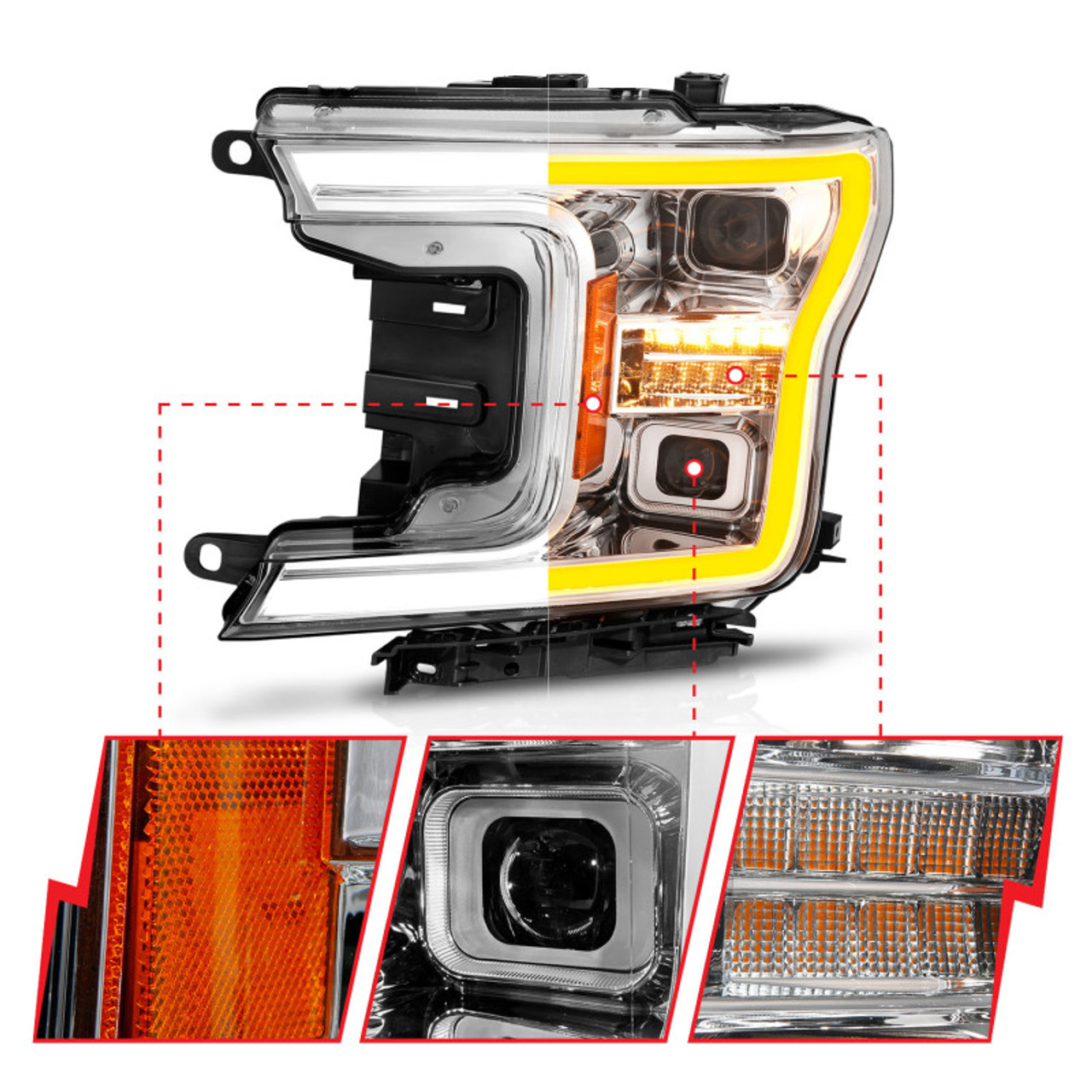 ANZO 18-20 Ford F-150 (w/o Fctry LED) Full LED Proj Headlights w/Light Bar Swtchbk Seq. Chrome w/Int - 111571