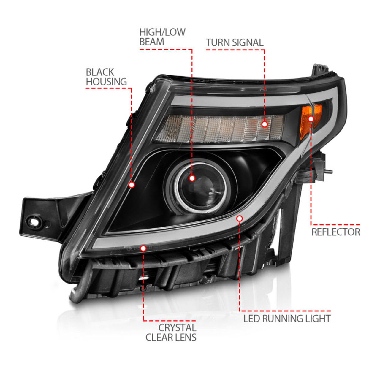 ANZO 11-15 Ford Explorer (w/Factory Halogen HL Only) Projector Headlights w/Light Bar Black Housing - 111575