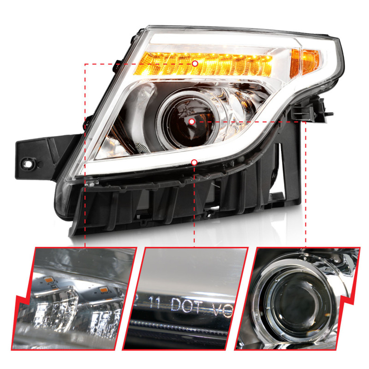 ANZO 11-15 Ford Explorer Projector Headlights w/ Light Bar Chrome Housing w/ Amber light - 111576