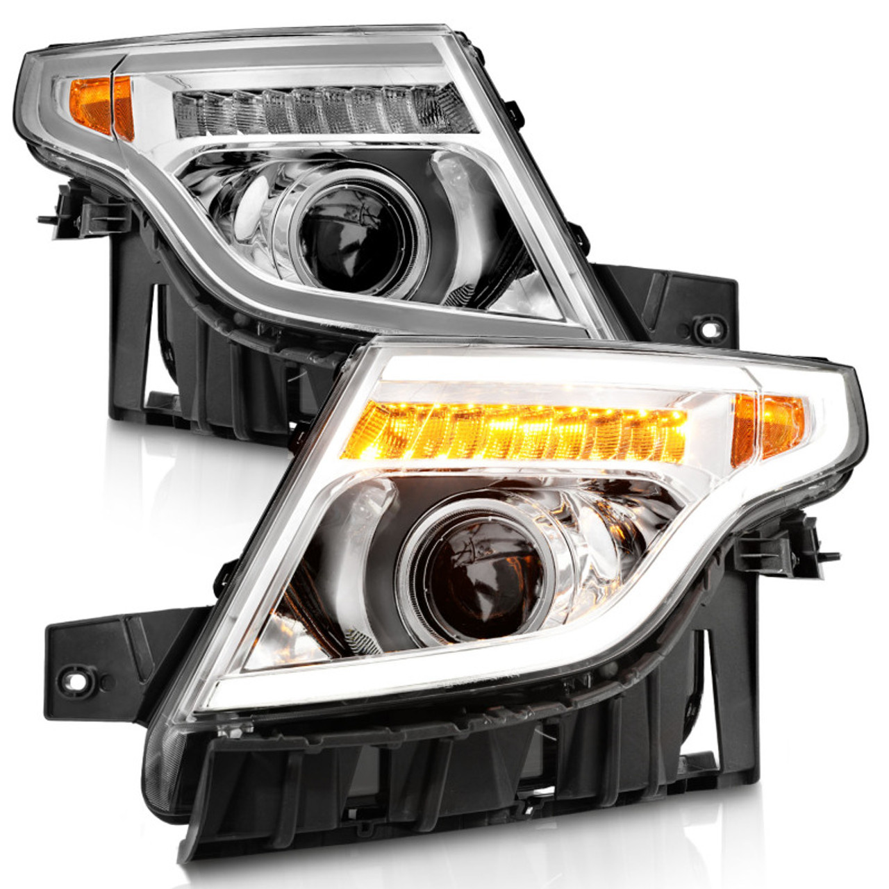 ANZO 11-15 Ford Explorer Projector Headlights w/ Light Bar Chrome Housing w/ Amber light - 111576