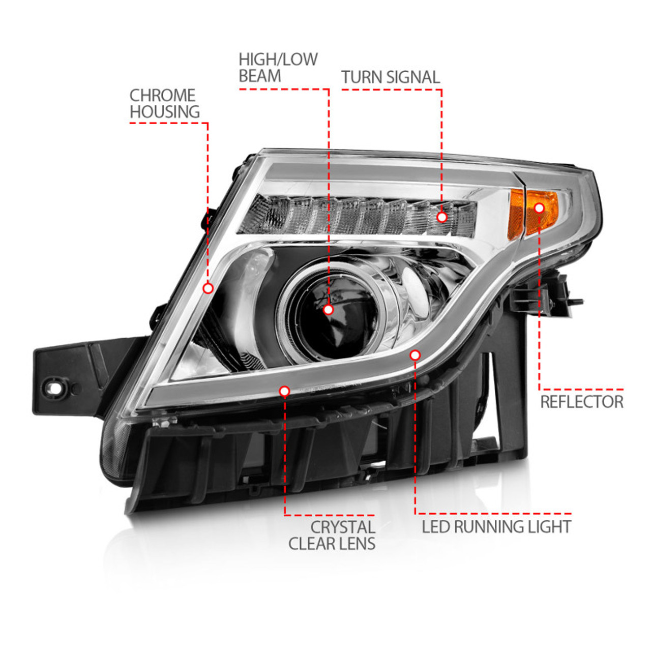 ANZO 11-15 Ford Explorer Projector Headlights w/ Light Bar Chrome Housing w/ Amber light - 111576