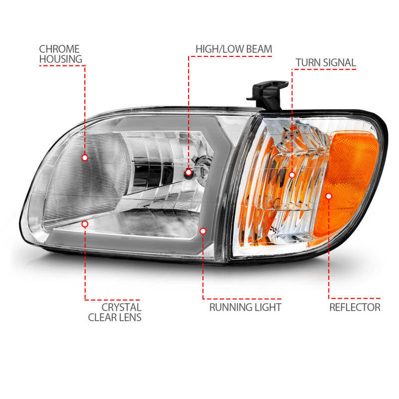 ANZO 00-04 Toyota Tundra (Reg/Acc Cab Only) Crystal Headlights w/Lgt Bar Chrome w/Corner Lights 2pc - 111580