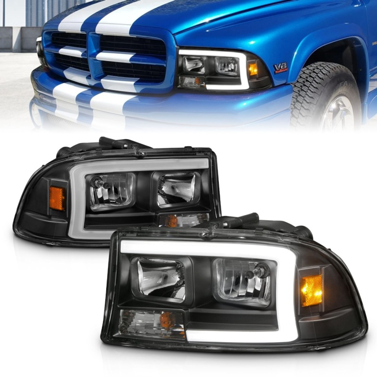 ANZO 97-04 Dodge Dakota/Durango Crystal headlight Set w/ Light Bar Black Housing - 111591