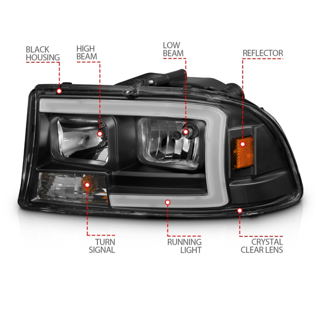ANZO 97-04 Dodge Dakota/Durango Crystal headlight Set w/ Light Bar Black Housing - 111591