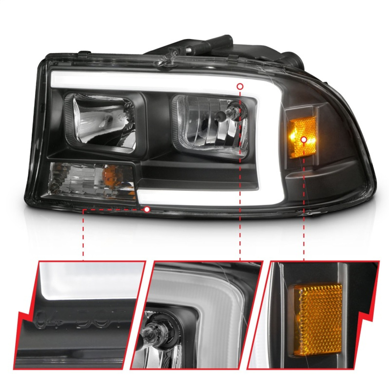 ANZO 97-04 Dodge Dakota/Durango Crystal headlight Set w/ Light Bar Black Housing - 111591