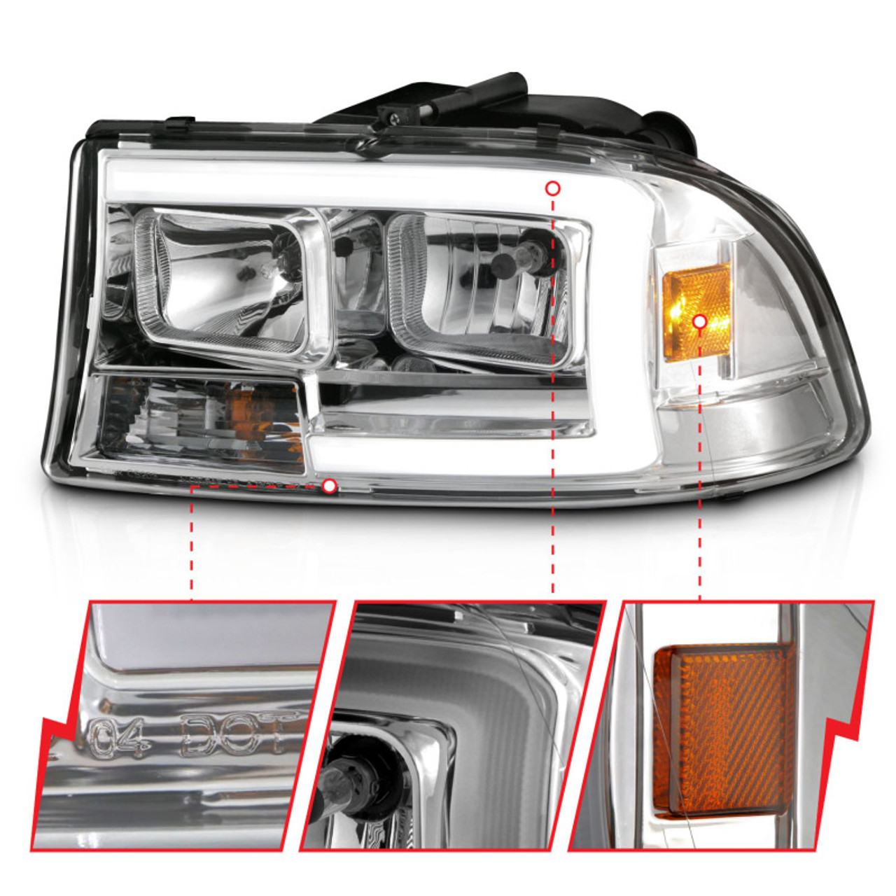 ANZO 97-04 Dodge Dakota/Durango Crystal headlight Set w/ Light Bar Chrome Housing - 111592