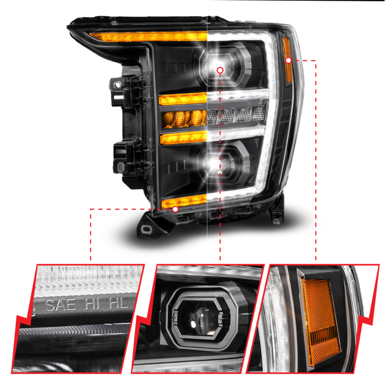 Anzo 21-23 Ford F150 LED Projector Headlight w/Switchback+Sequential - Black (Driver Side Only) - 111594-L
