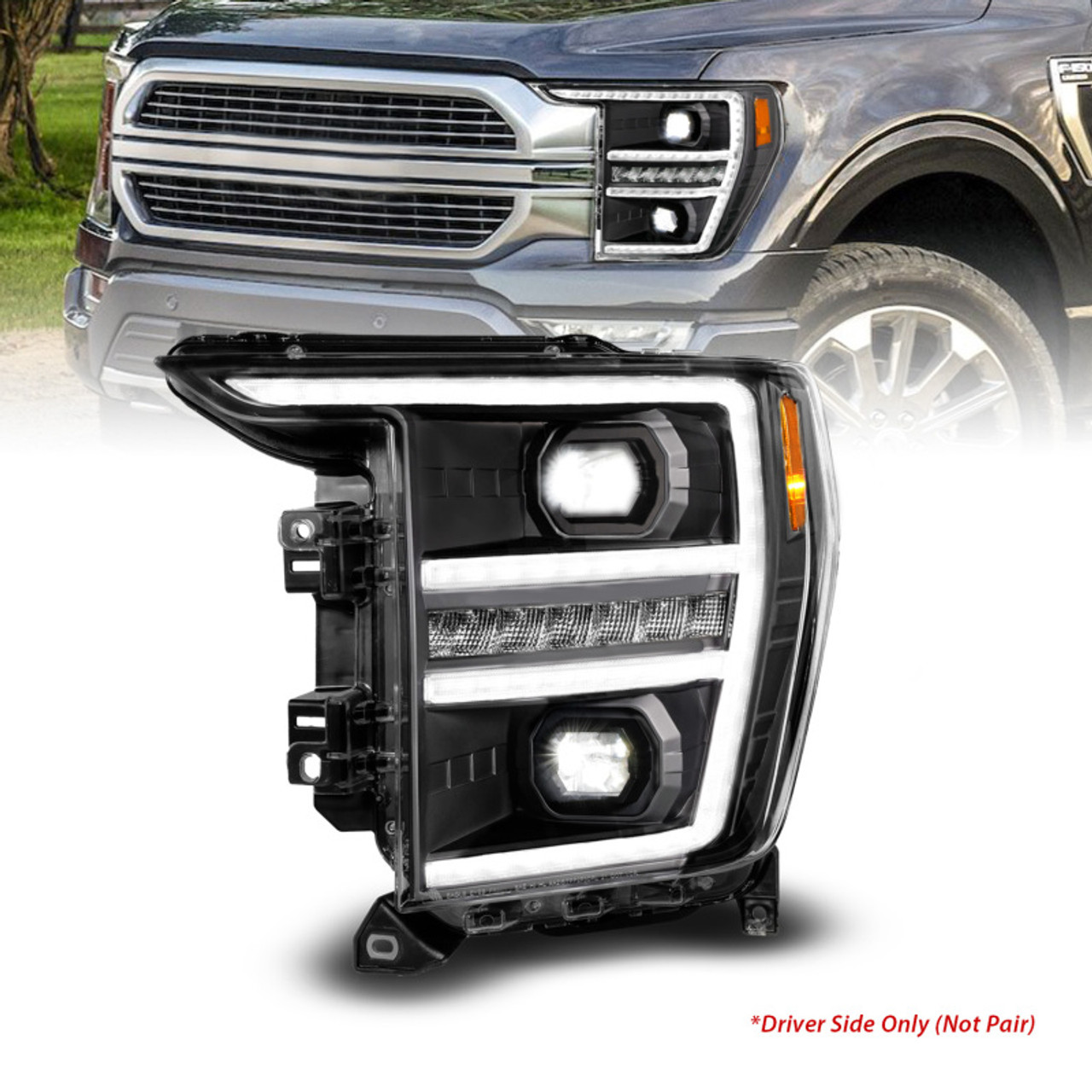 Anzo 21-23 Ford F150 LED Projector Headlight w/Switchback+Sequential - Black (Driver Side Only) - 111594-L