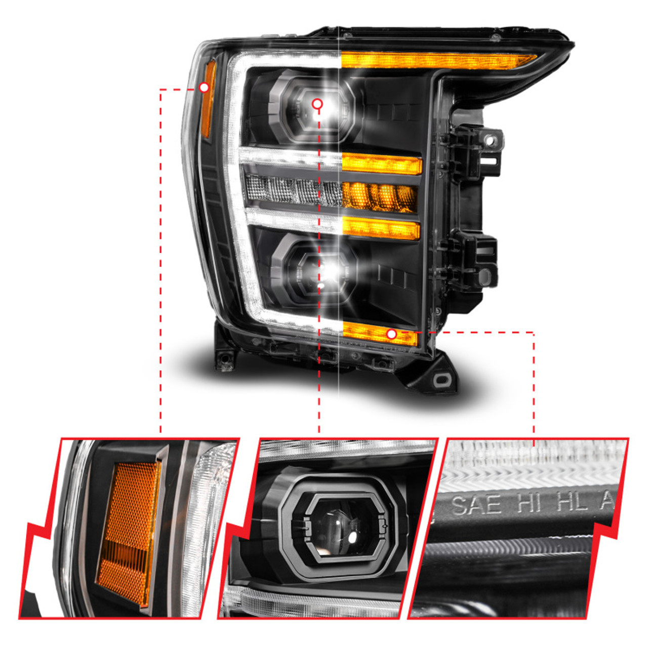 Anzo 21-23 Ford F150 LED Projector Headlight w/Switchback+Sequential - Black (Passenger Side Only) - 111594-R