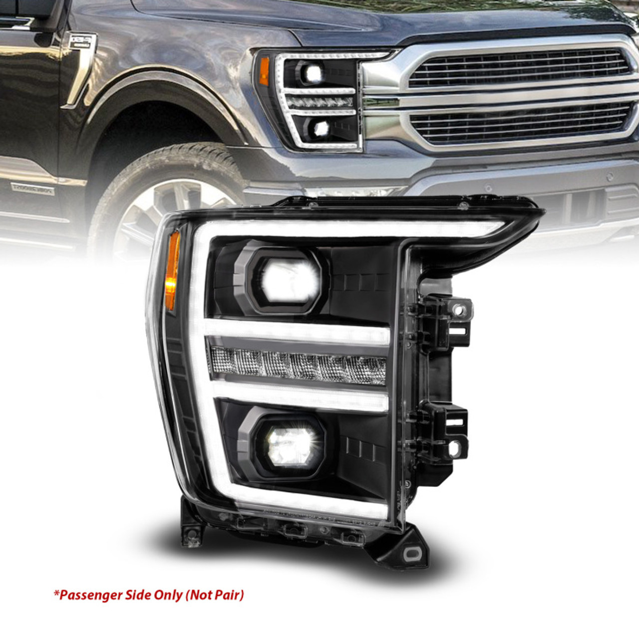 Anzo 21-23 Ford F150 LED Projector Headlight w/Switchback+Sequential - Black (Passenger Side Only) - 111594-R