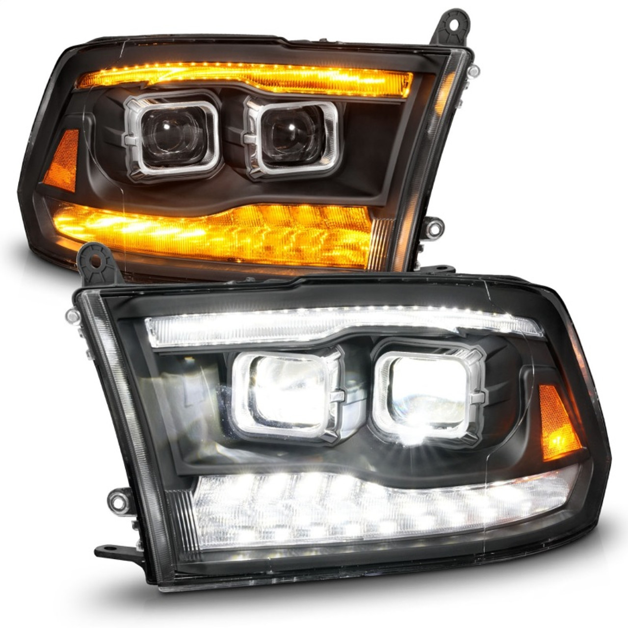 ANZO 09-18 Dodge Ram 1500/2500/3500 Full LED Proj Headlights w/Switchback Light Bar - Black - 111595