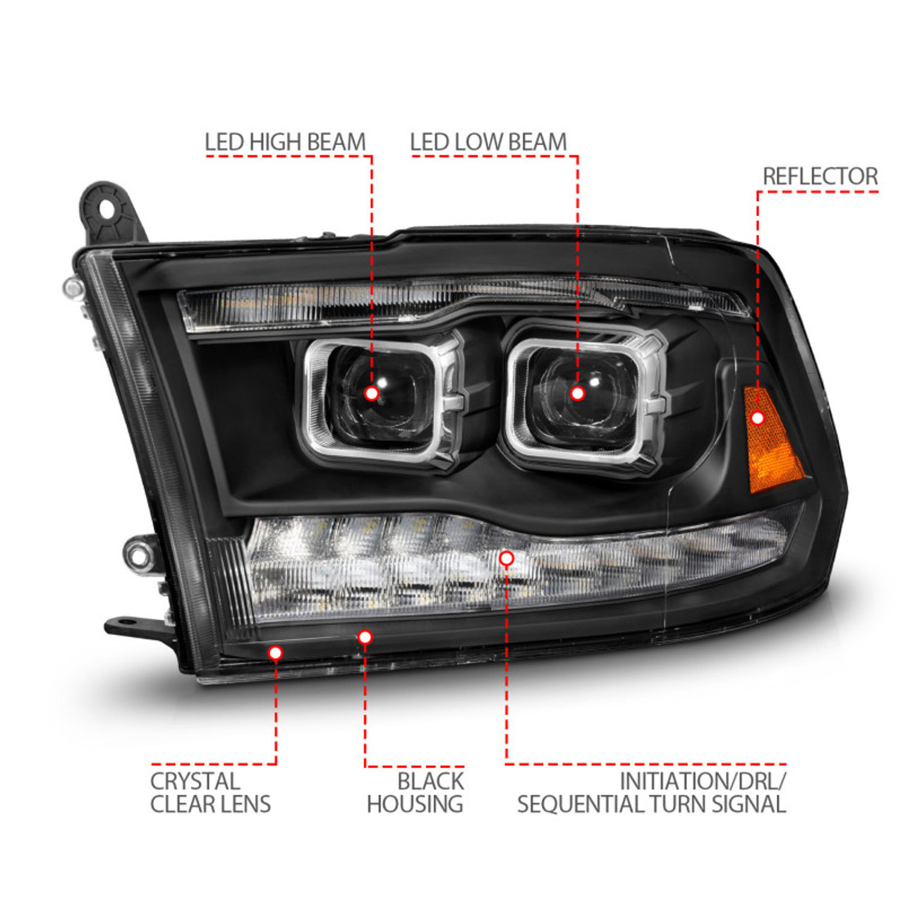 ANZO 09-18 Dodge Ram 1500/2500/3500 Full LED Proj Headlights w/Switchback Light Bar - Black - 111595