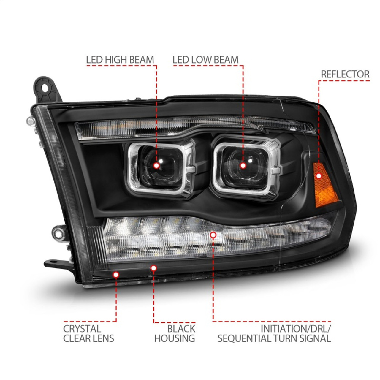 ANZO 09-18 Dodge Ram 1500/2500/3500 Full LED Proj Headlights w/Switchback Light Bar - Black - 111595