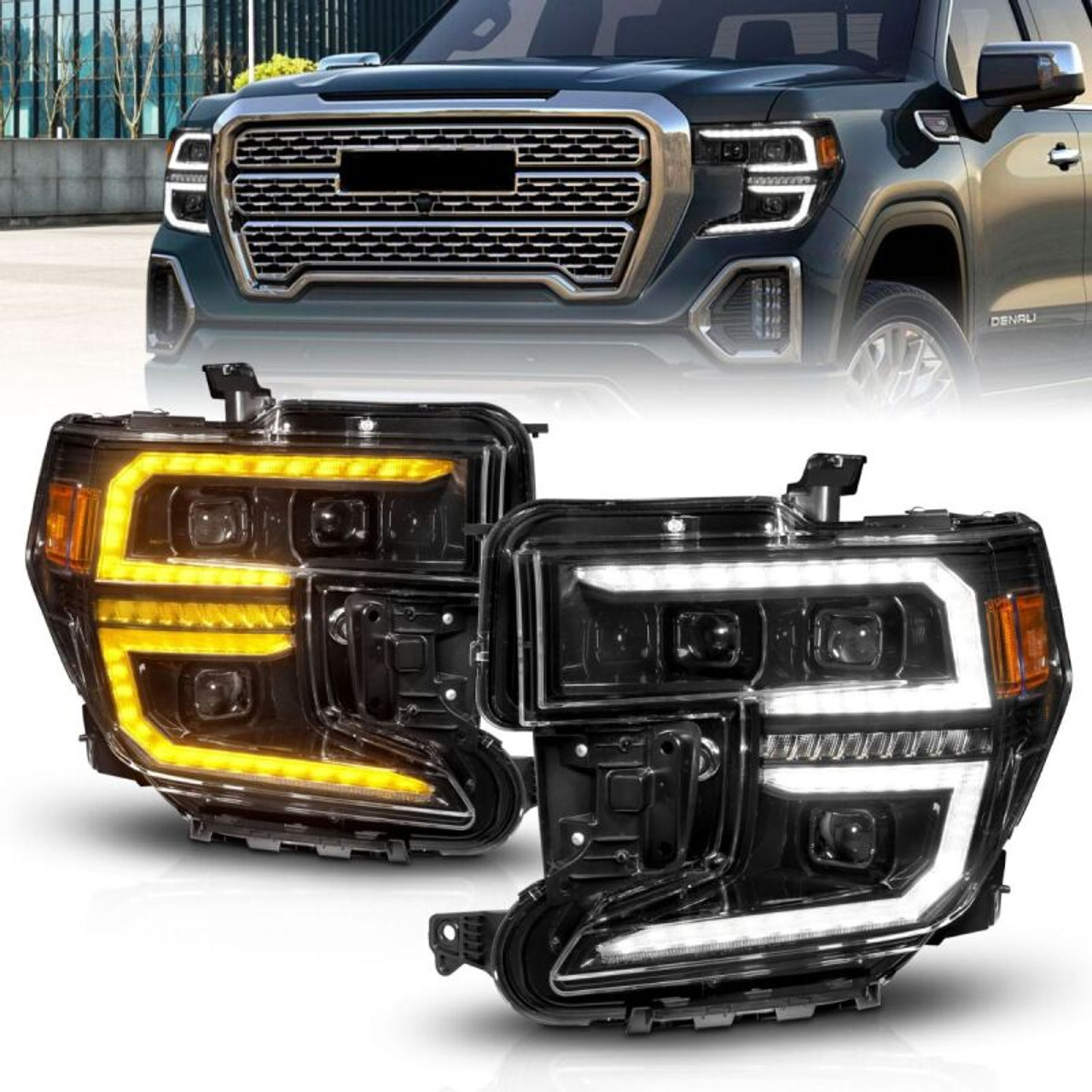 Anzo 19-21 GMC Sierra 1500 LED Projector Headlight w/Switchback+Sequential - Black - 111600