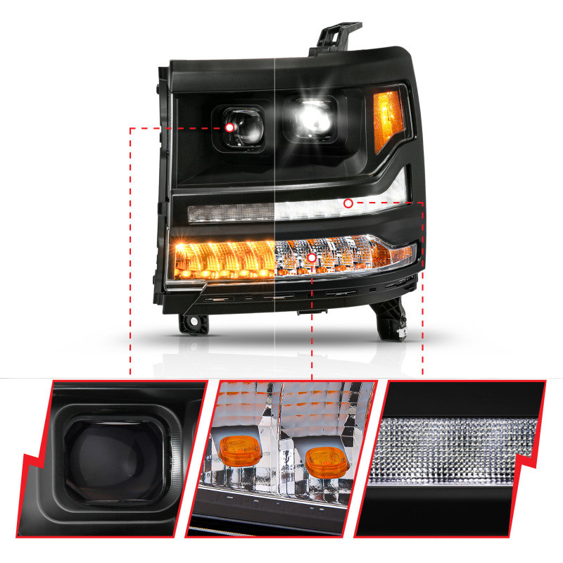 ANZO 16-18 Chevy Silverado 1500 (Factory HID Models ONLY) Full LED Proj Headlights Black - Pair - 111622A