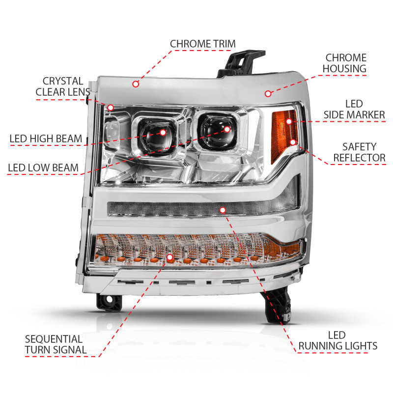 ANZO 16-18 Chevy Silverado 1500 (Factory HID Models ONLY) Full LED Proj Headlights Chrome - Pair - 111623A