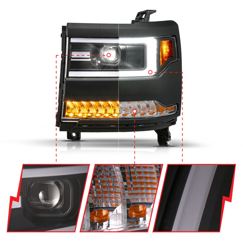 ANZO 16-18 Chevy Silverado1500 (Factory HID Models) LED Proj Light Bar Style Headlights Black - Pair - 111624A