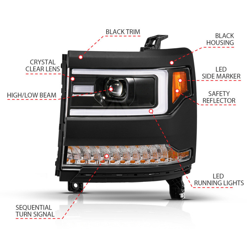ANZO 16-18 Chevy Silverado1500 (Factory HID Models) LED Proj Light Bar Style Headlights Black - Pair - 111624A