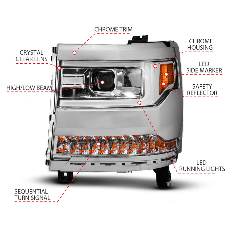 ANZO 16-18 Chevy Silverado1500 (Factory HID Models) LED Prj Light Bar Style Headlights Chrome - Pair - 111625A