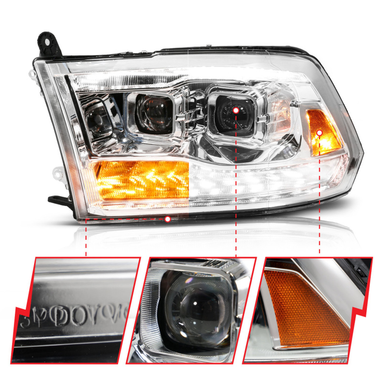ANZO 09-19 Dodge RAM 1500 / 10-18 2500/3500 LED Proj Headlights SeqSig Chrome - Pair - 111627A