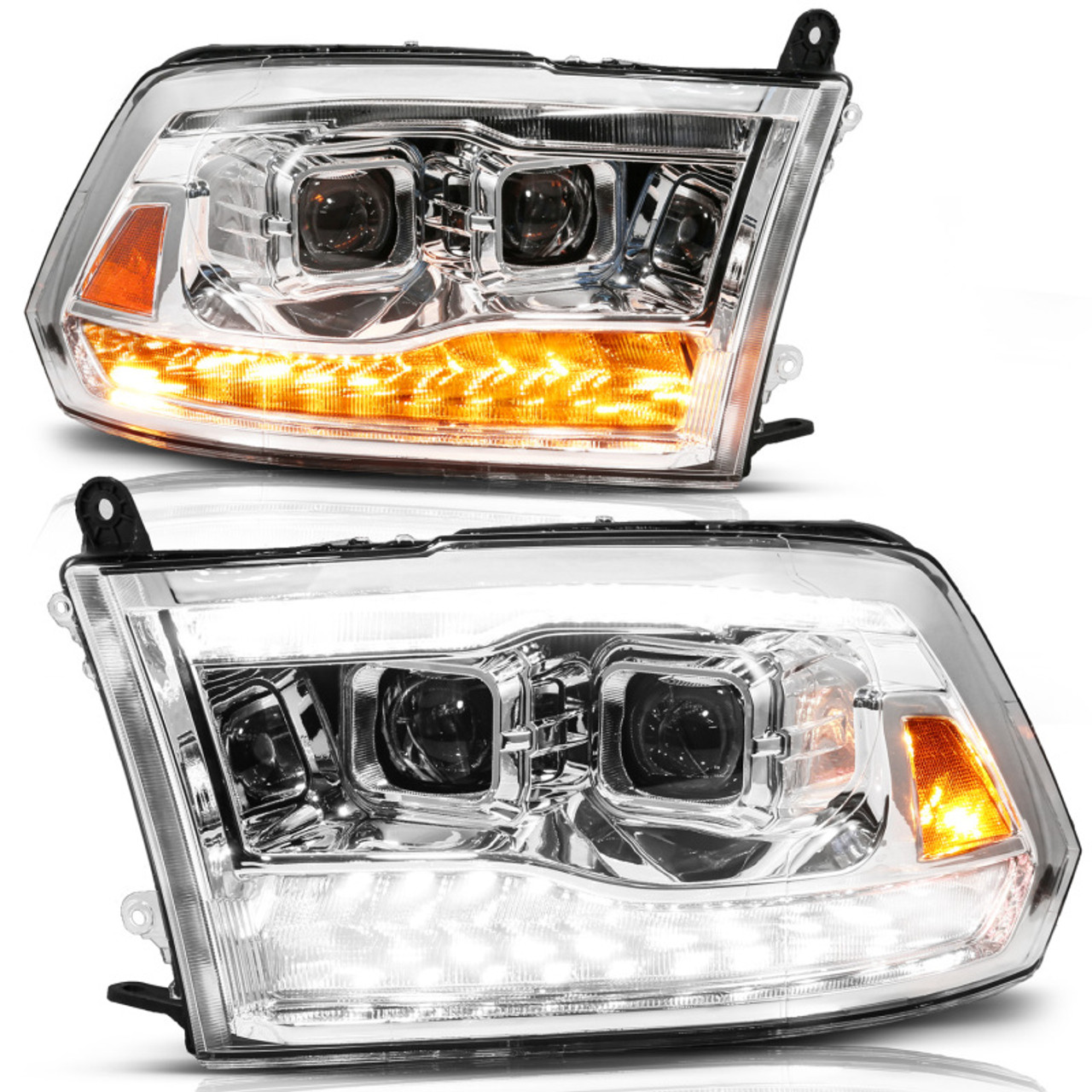 ANZO 09-19 Dodge RAM 1500 / 10-18 2500/3500 LED Proj Headlights SeqSig Chrome - Pair - 111627A