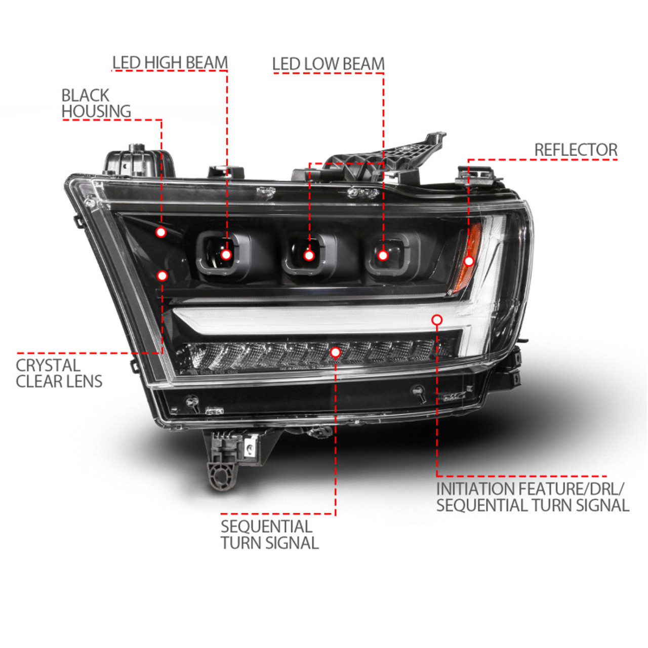 ANZO 19-24 RAM 1500 (New Body/OE Halogen) Full LED Proj Headlights DRL/SeqSig Black - Driver Side - 111628A-L
