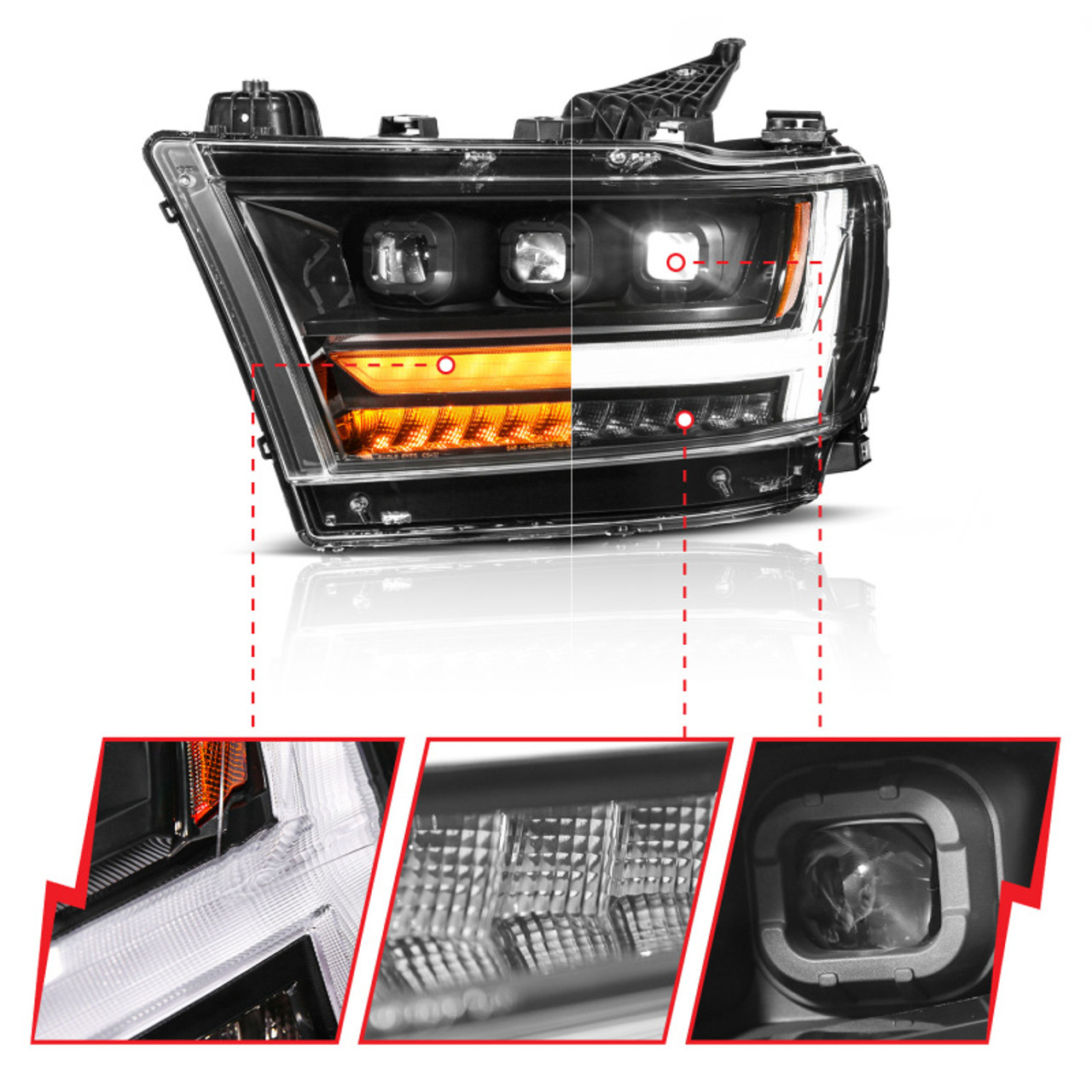 ANZO 19-24 RAM 1500 (New Body/OE Halogen) Full LED Proj Headlights DRL/SeqSig Black - Driver Side - 111628A-L