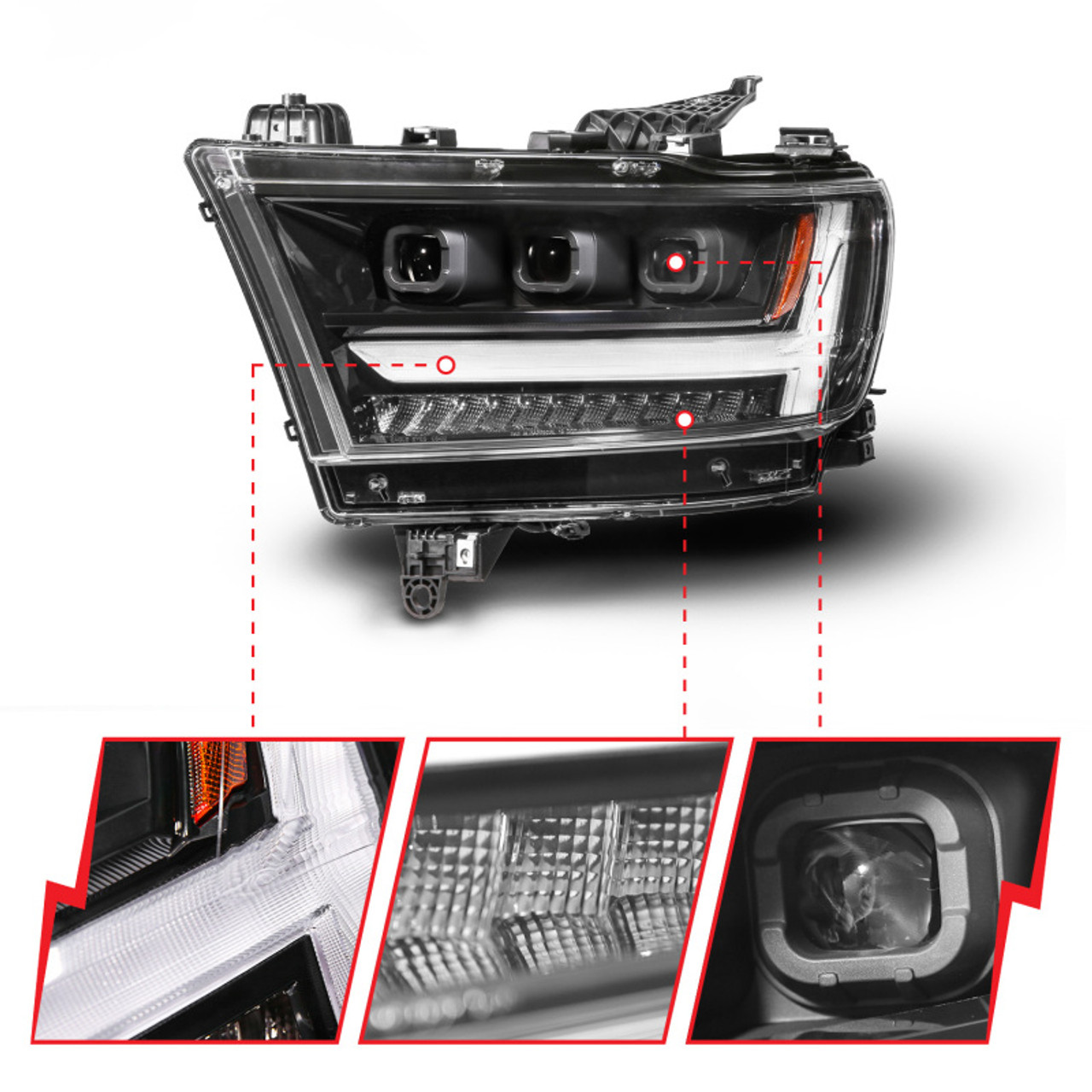 ANZO 19-24 RAM 1500 (New Body/OE Halogen) Full LED Proj Headlights DRL/SeqSig Black - Driver Side - 111628A-L