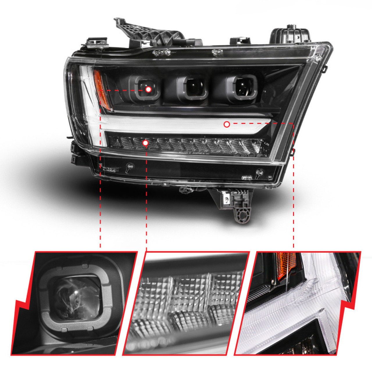 ANZO 19-24 RAM 1500 (New Body/OE Halogen) Full LED Proj Headlights DRL/SeqSig Black - Pass. Side - 111628A-R