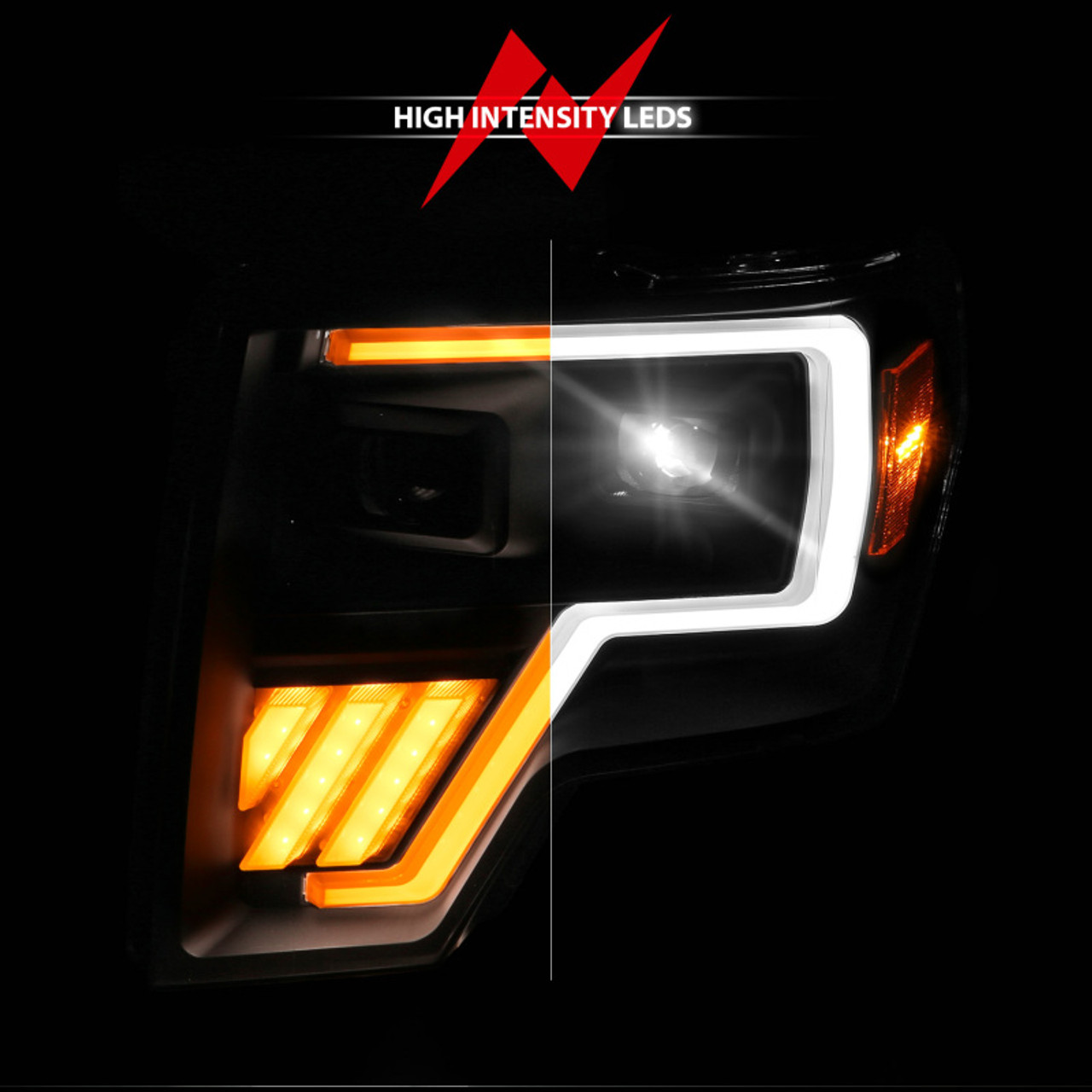 ANZO 09-14 Ford F-150 (Factory Halogen Model ONLY) Full LED Proj Headlights Init/SeqSig Black - Pair - 111629A