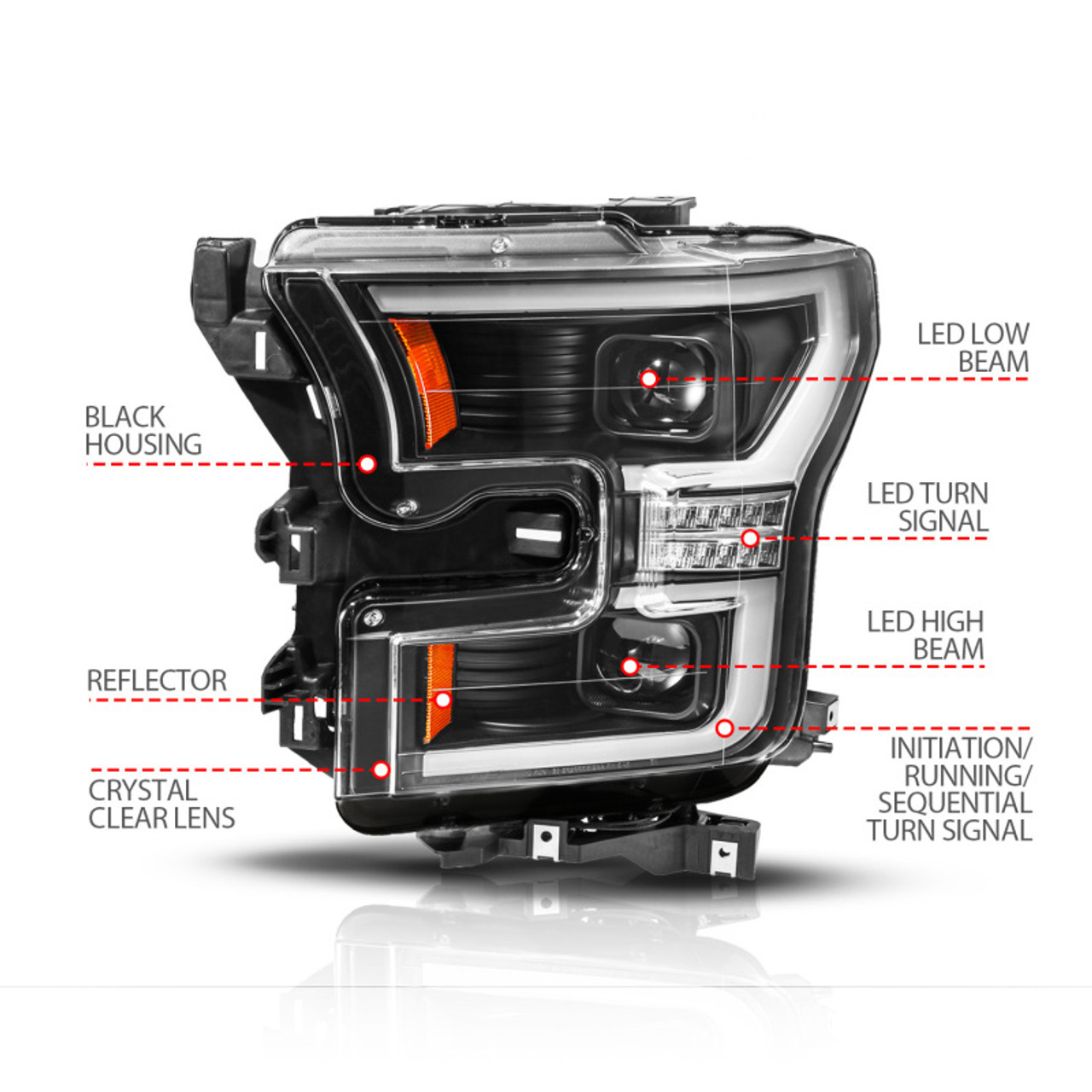 ANZO 15-17 Ford F-150 (Factory Halogen Model ONLY) Full LED Proj Headlights  Init/SeqSig Black- Pair - 111630A