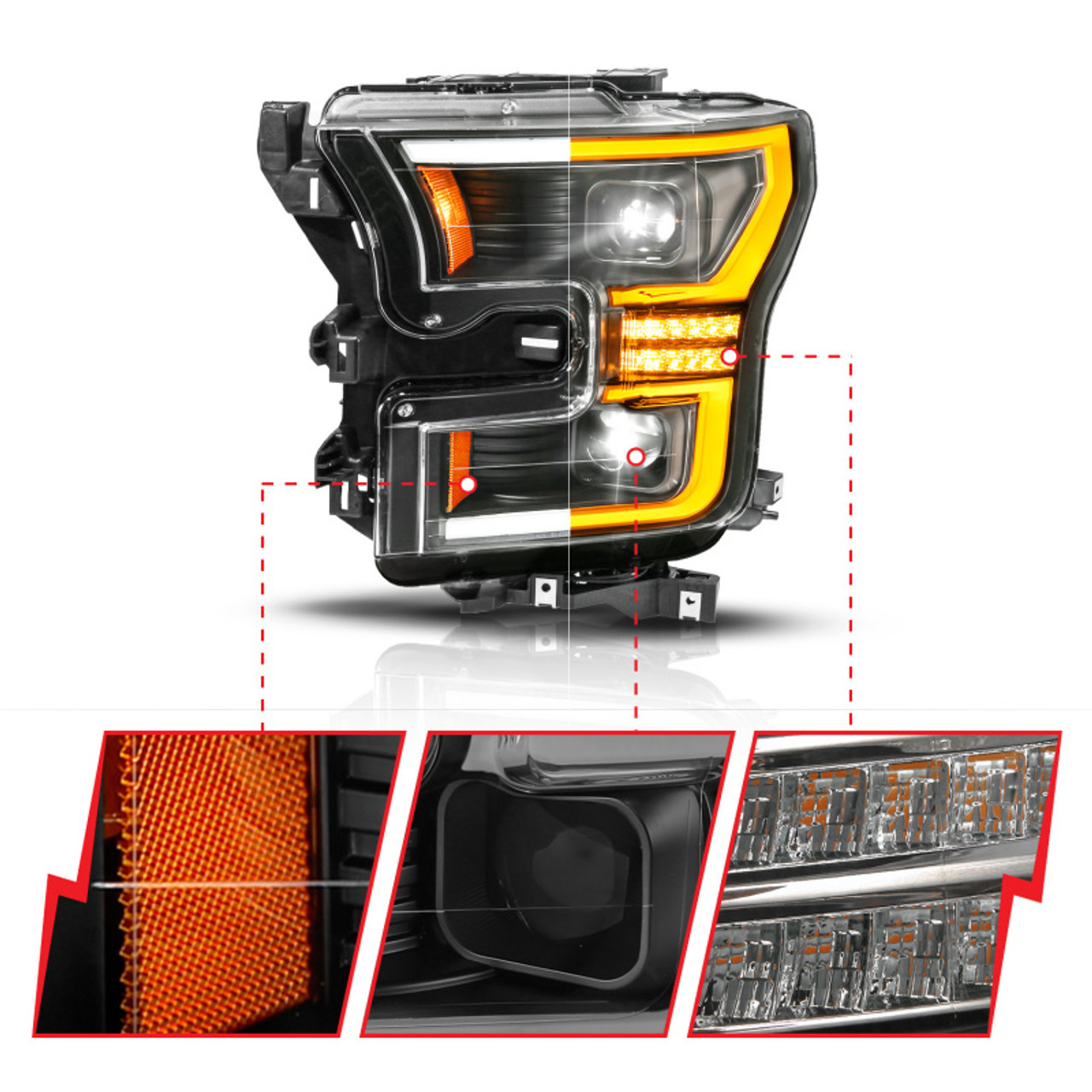 ANZO 15-17 Ford F-150 (Factory Halogen Model ONLY) Full LED Proj Headlights  Init/SeqSig Black- Pair - 111630A