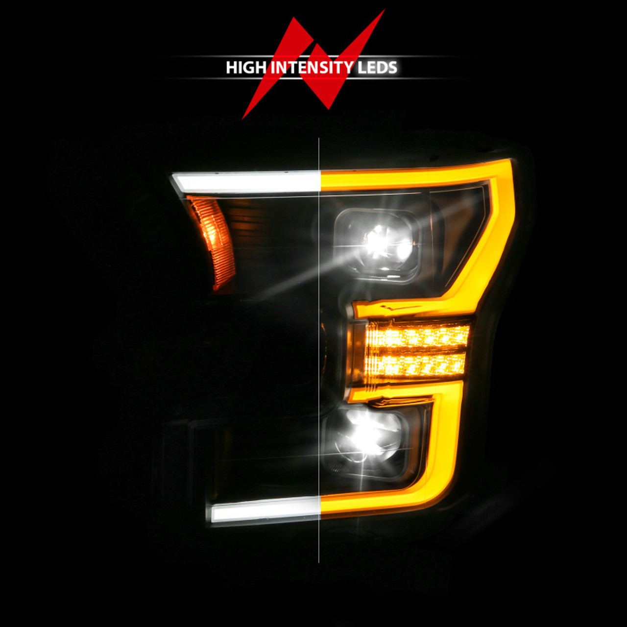 ANZO 15-17 Ford F-150 (Factory Halogen Model ONLY) Full LED Proj Headlights  Init/SeqSig Black- Pair - 111630A