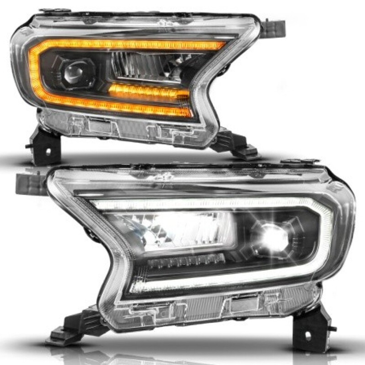 ANZO 19-23 Ford Ranger (Factory Halogen Model) Full LED Proj Headlights Init/DRL/SeqSig Black - Pair - 111632A