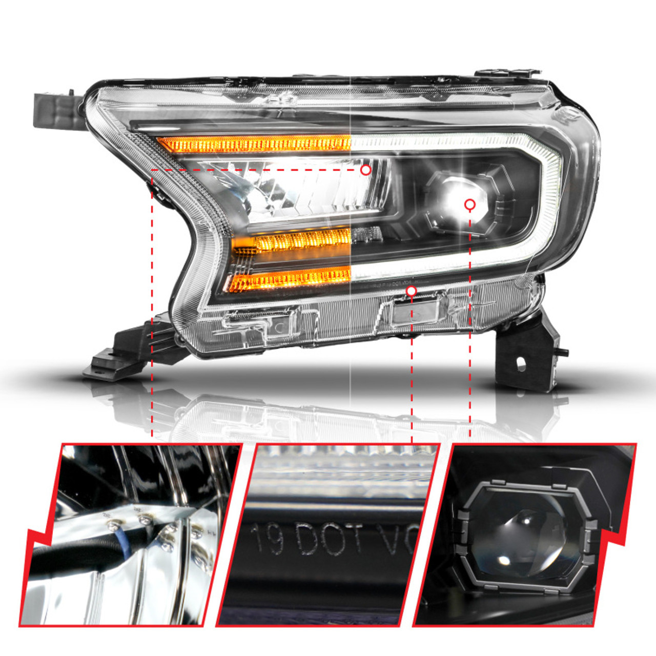 ANZO 19-23 Ford Ranger (Factory Halogen Model) Full LED Proj Headlights Init/DRL/SeqSig Black - Pair - 111632A