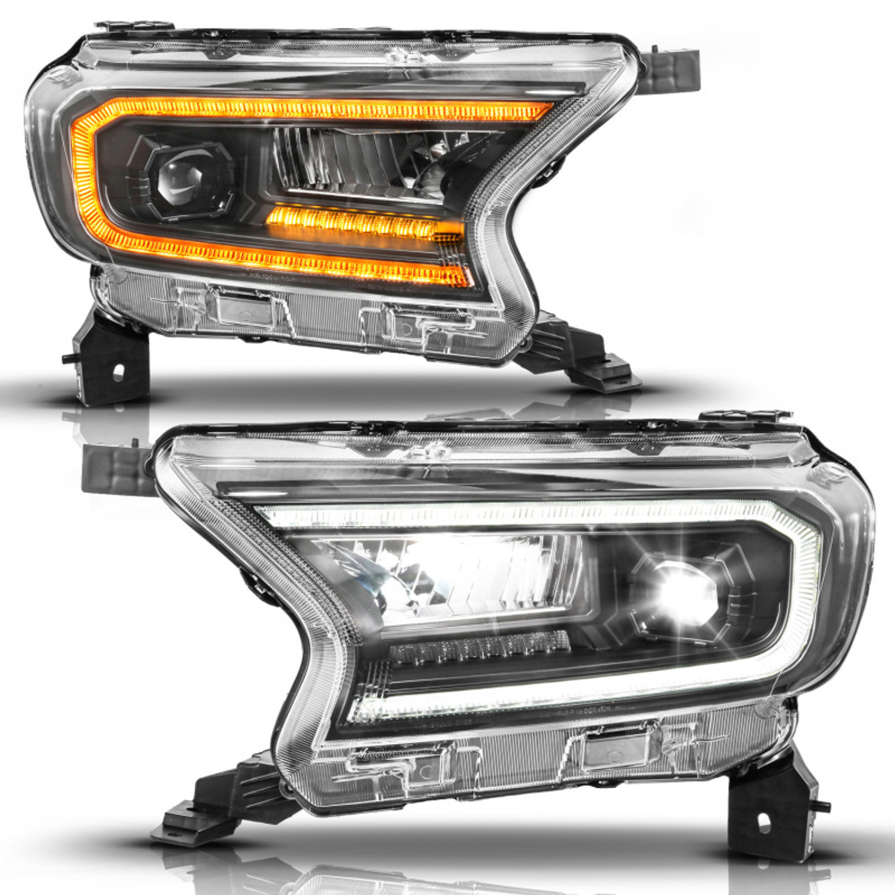 ANZO 19-23 Ford Ranger (Factory Halogen Model) Full LED Proj Headlights Init/DRL/SeqSig Black - Pair - 111632A