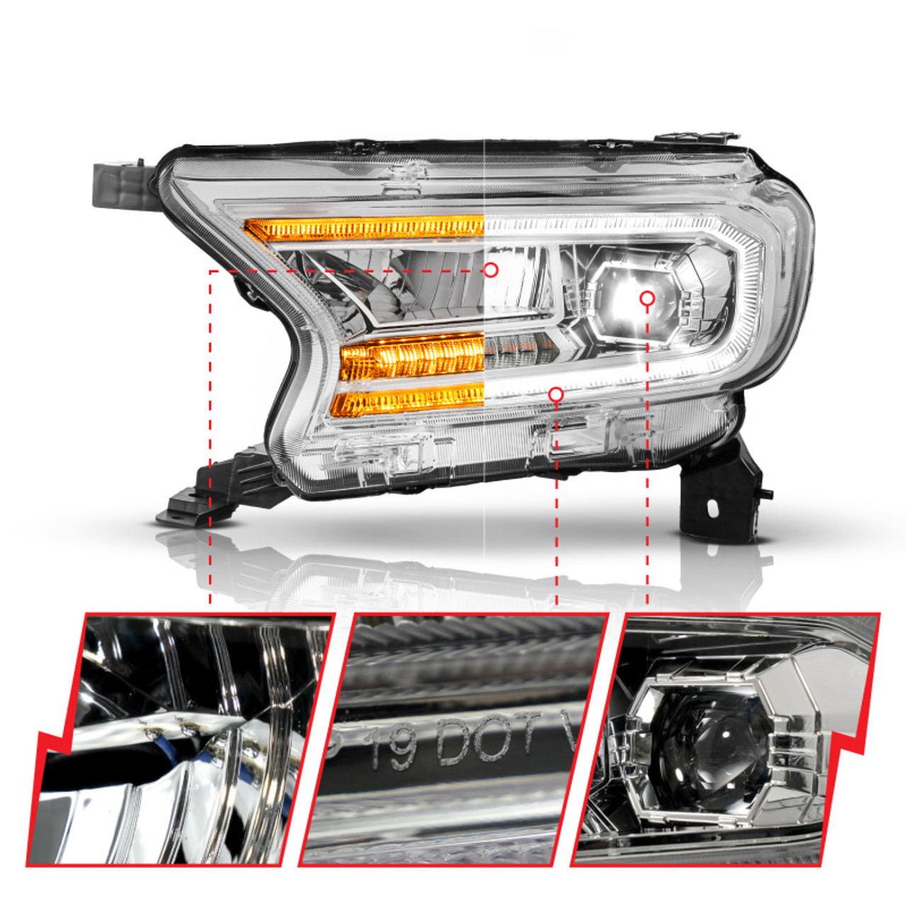 ANZO 19-23 Ford Ranger (Factory Halogen Models) Full LED Proj Headlights DRL/SeqSig Chrome - Pair - 111633A